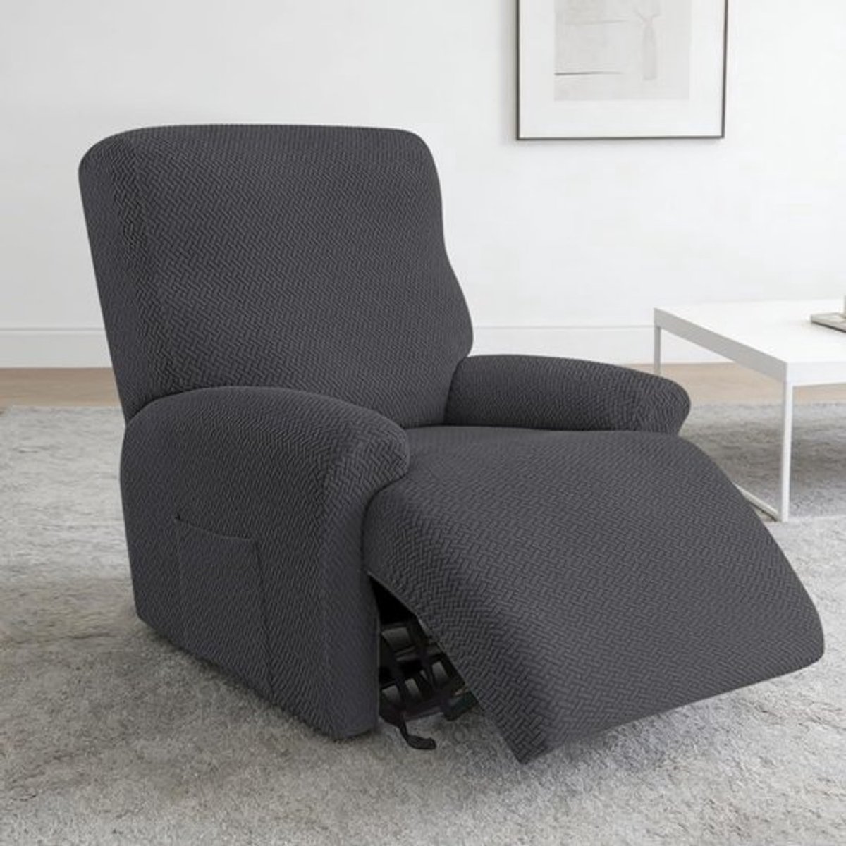 Inclusieve 4-delige Stretch Stoelhoes Set voor Relaxstoelen met Opbergzakken - Donkergrijs, Bescherming, Verstelbare Hoes, Meubilair Bescherming