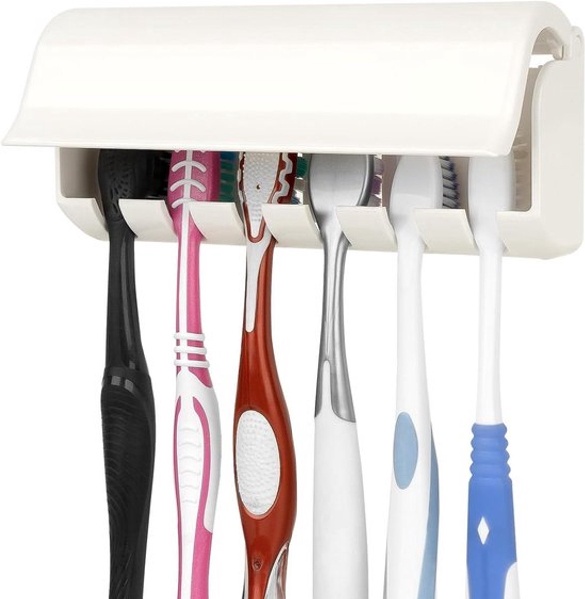 Tandenborstelhouder voor wandmontage - Organizer - Zelfklevend plastic - Douche - Camperkast - Compatibel met Oral-B en Colgate - 6 sleuven met deksel - Geschikt voor diverse tandenborstels