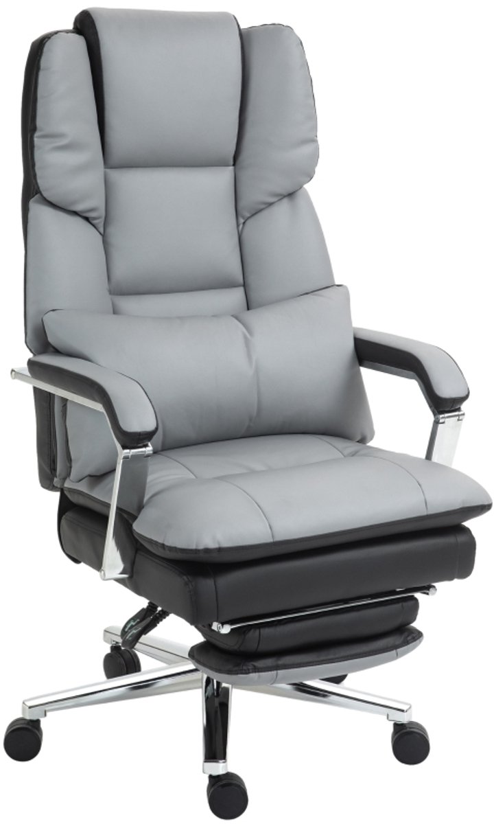 Ergonomische Bureaustoel Schreibtischstoel Verstelbaar Hoogte 63x71x123-129 cm Lichtgrijs Zwart Kunstleer Draaistoel Met Lendensteun Ligfunctie Tot 160° Voetensteun Comfort Stoel Belastbaar 120 kg Home Office Gaming Stoel