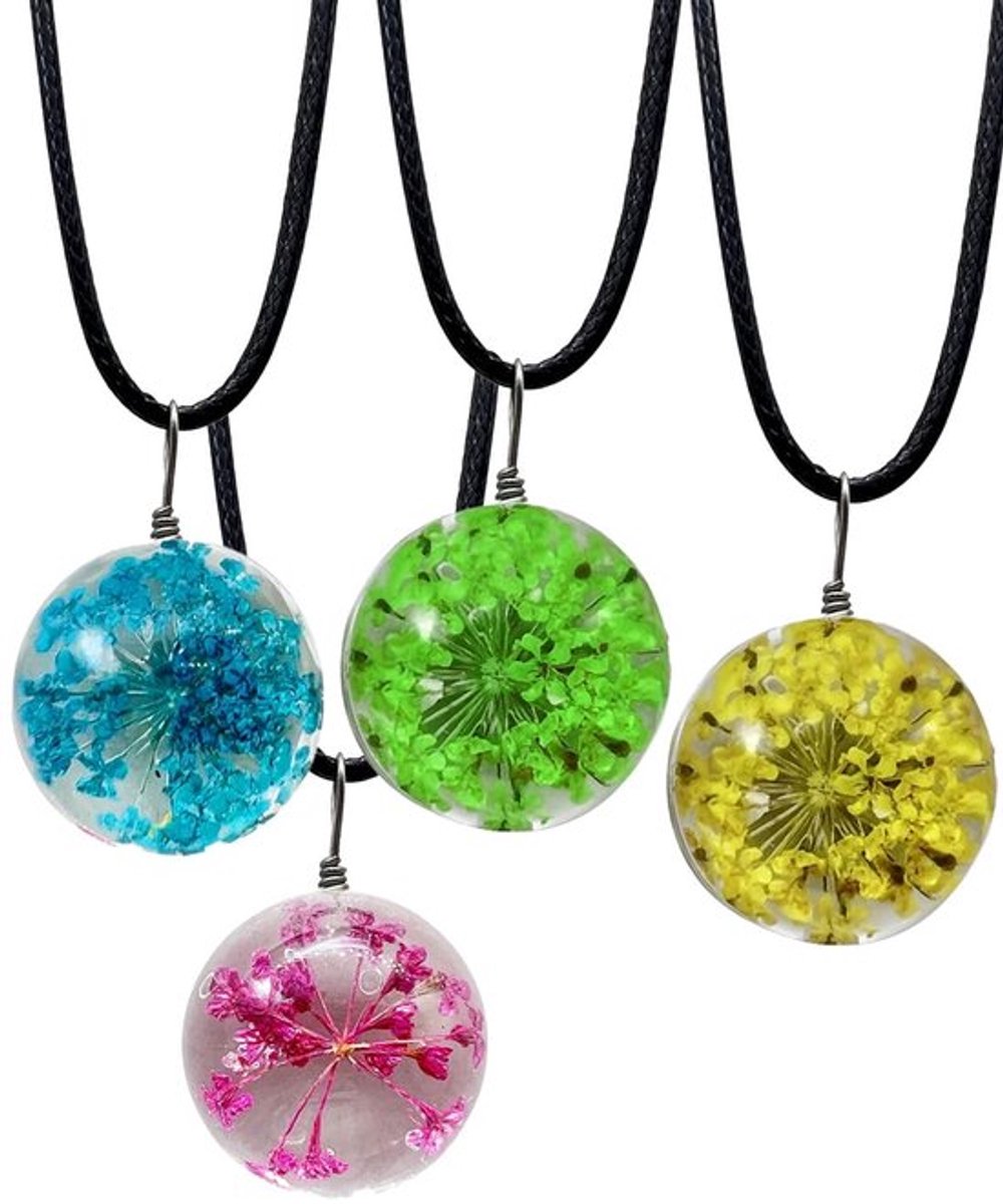 Hanger Bloem van het Leven - 4 Stuks Halsketting - Sieraden Geschenk - Gedroogde Paardenbloem - Zwarte Leren Halsband 45-50 cm - Robuuste Vriendschapsketting
