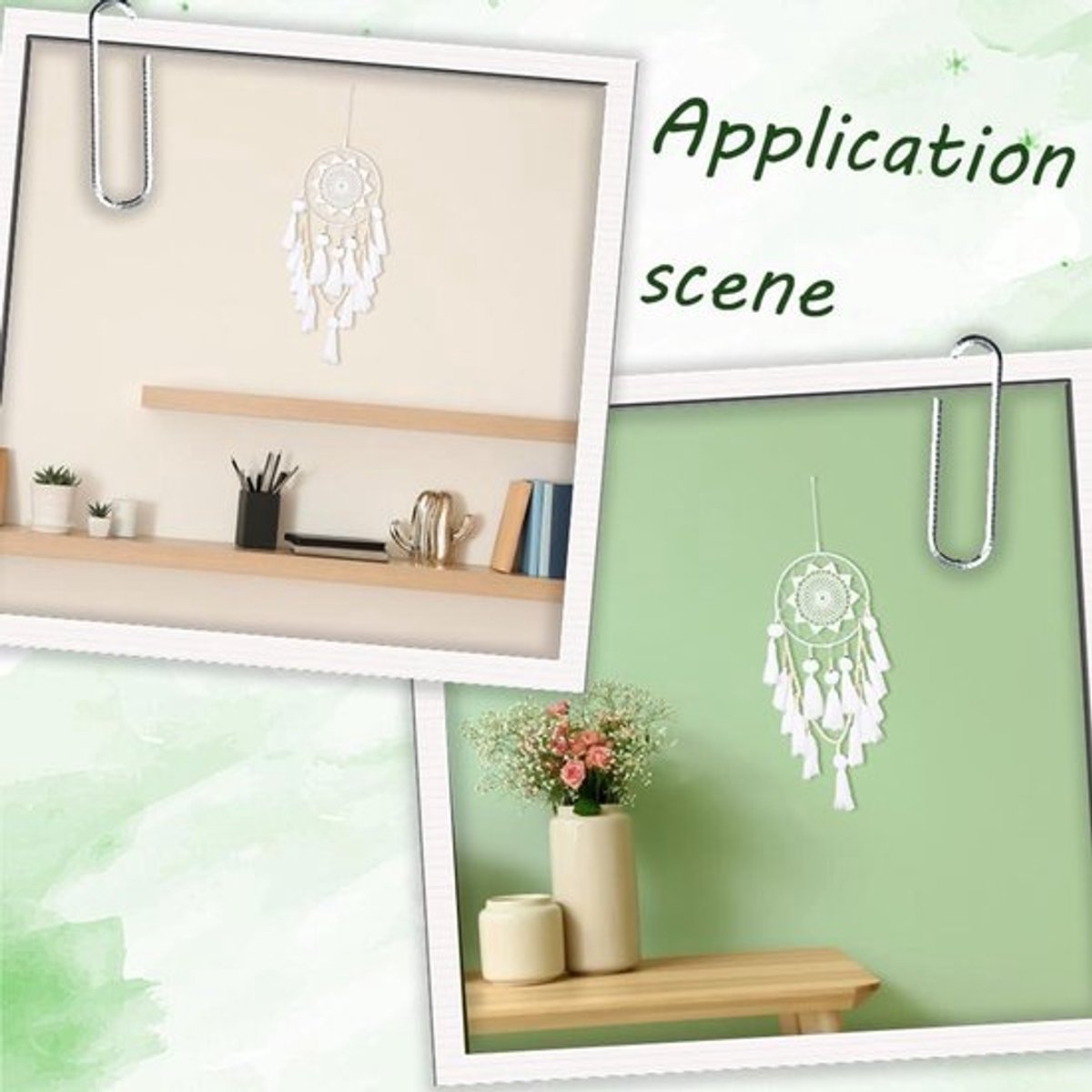 - Witte macramé dromenvanger - Boho - Handgemaakt - Grote - Webnet - Kwastjes - Pompons - Ballen - Houten kralen - Wanddecoratie - Woonkamer - Decoratief - Geschikt voor - Hangend ornament - Naturel