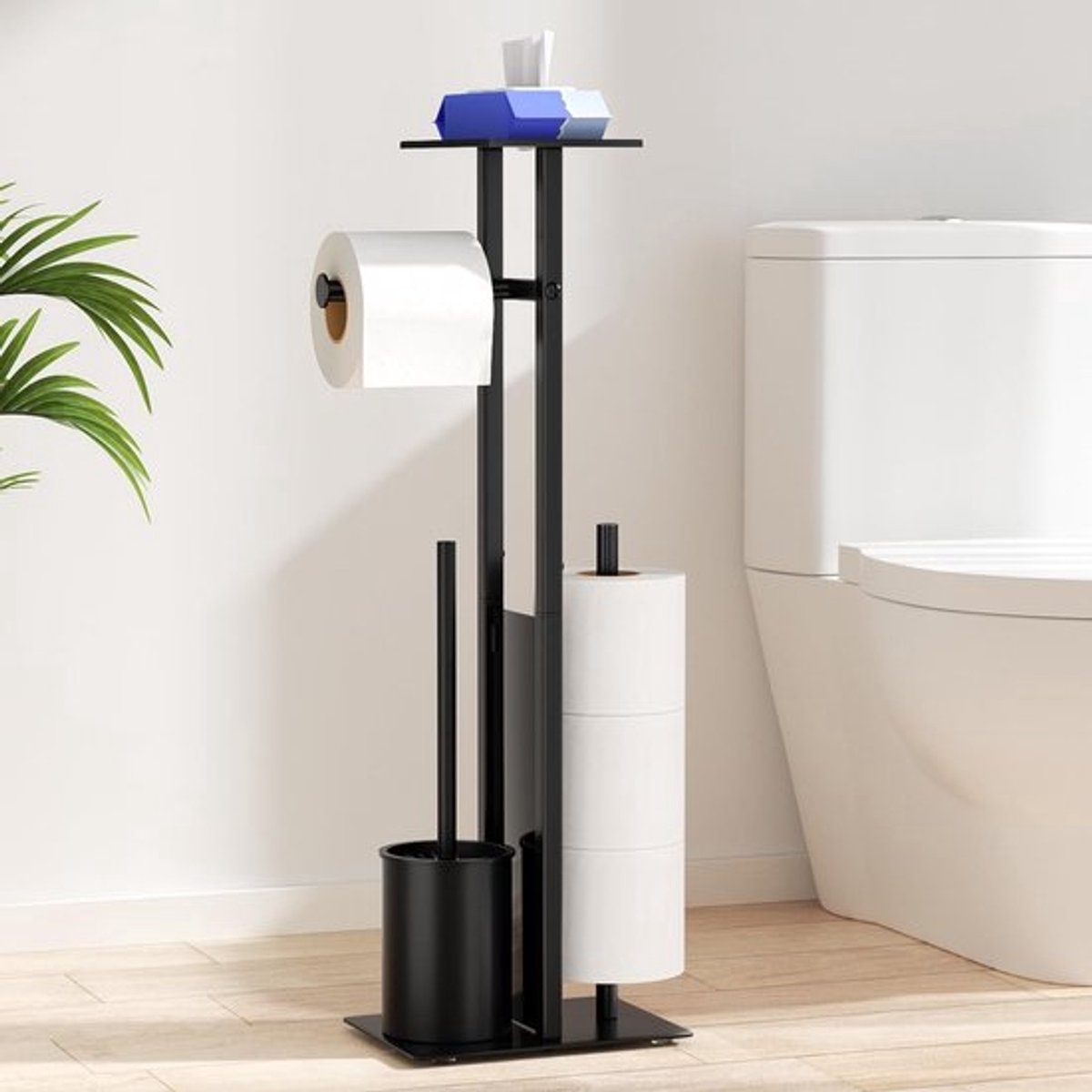 Stalen Staande Toiletrolhouder met Toiletborstel en Glazen Plank - Modern Design voor Badkamer en Toilet Accessoires