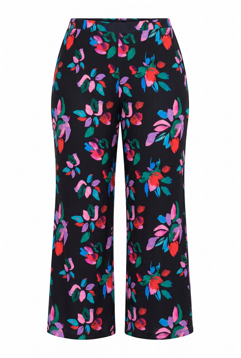 Ulla Popken - Dames - Jersey broek bloemen wijde pijpen elastische tailleband - Zwart - Maat 50+