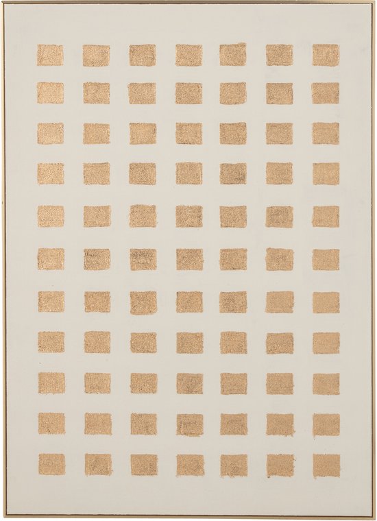 Wanddecoratie met een patroon van gouden vierkanten op een witte achtergrond, afgewerkt met een dunne goudkleurige lijst.