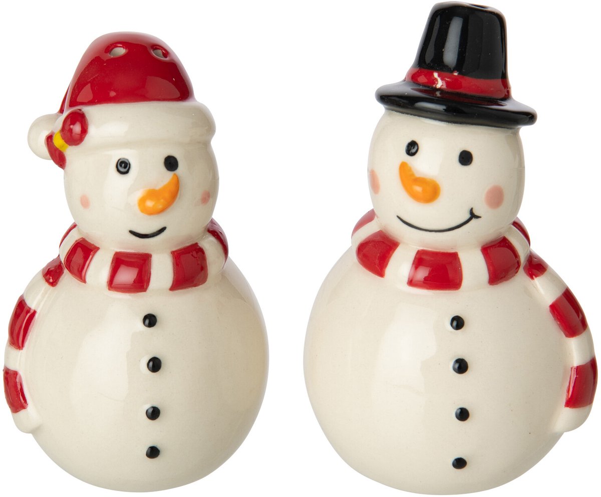 J-Line Peper-en-zoutstel sneeuwpop - steengoed - wit/kerstrood