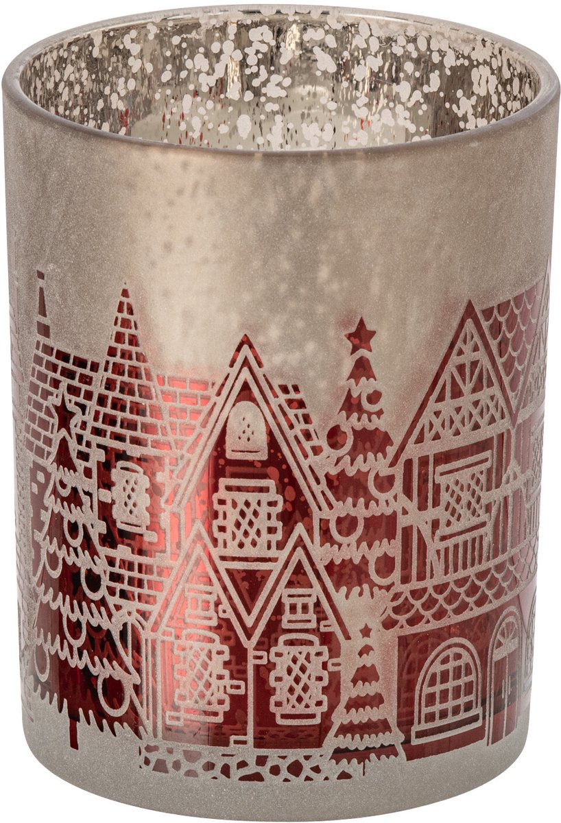 J-Line Windlicht - glas - kerstrood/grijs - medium - set van 2
