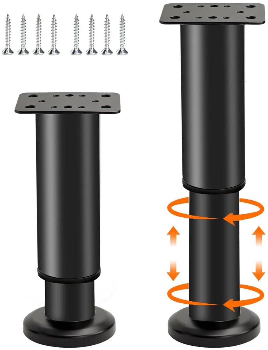 Meubelpoten, 2 stuks, in hoogte verstelbaar 12-18 cm, stabiele metalen meubelpoten in zwart, geschikt voor bank, salontafel, bureau, kledingkast.