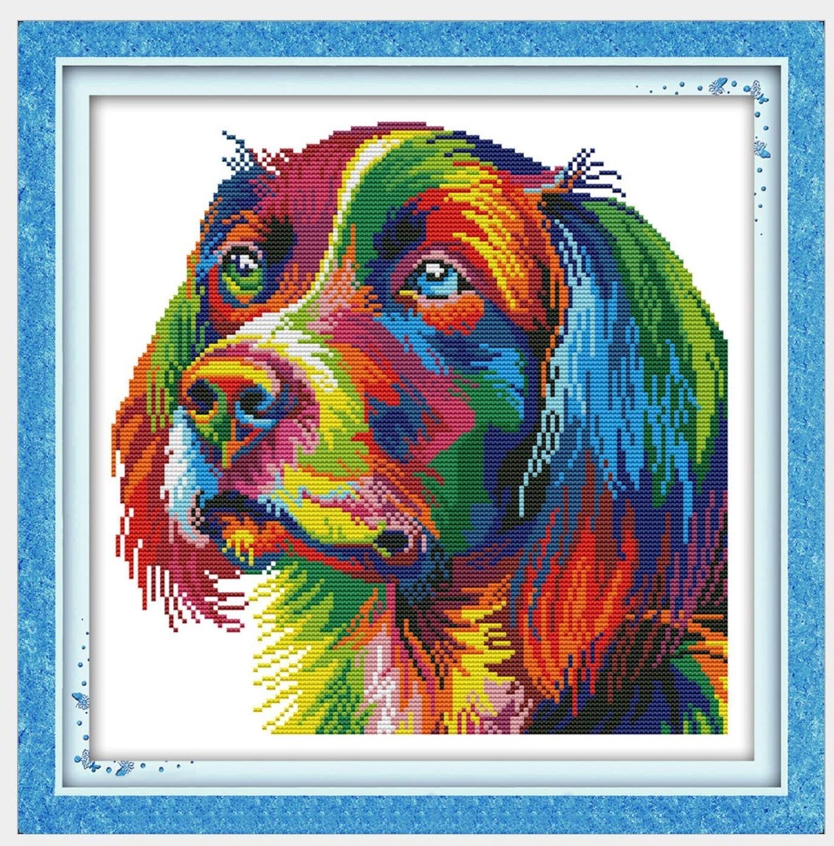 Borduurpakketten Handwerken Volledige Lijn Van Voorgedrukt Borduren Starter Set Voor Beginners - Regenboog hond 34 x 34 cm