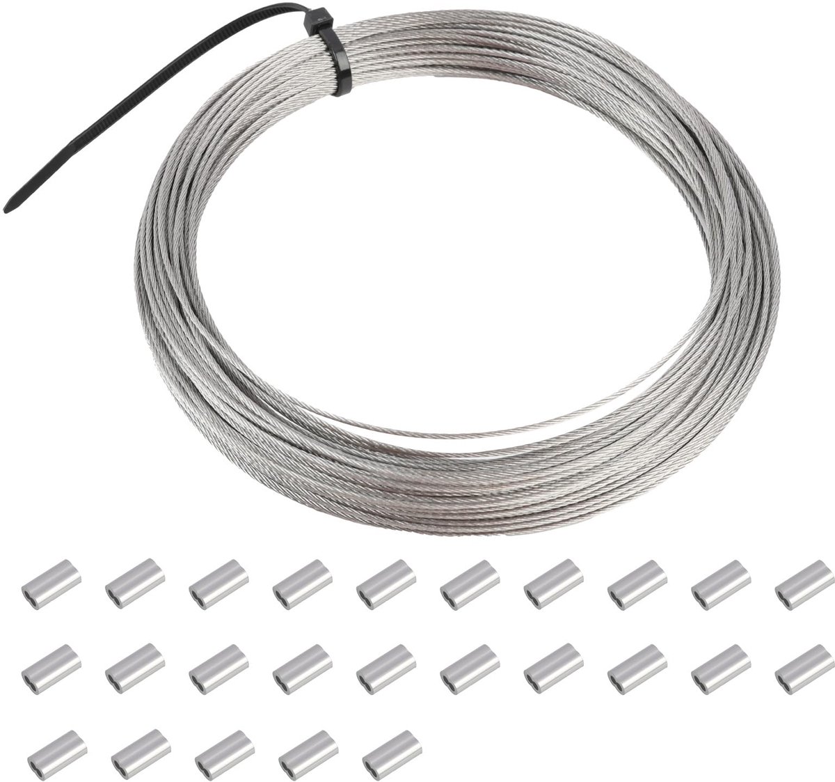 roestvrij staal, 25 m, 1 mm, 7 x 7 structuur, zeer sterk 304 roestvrij stalen kabel, zonder mantel, met 25 hulzen, ideaal voor waslijn, balkon, tuin, terras, doe-het-zelfprojecten