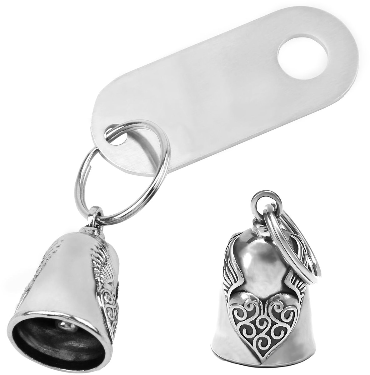 motorfiets belletje Biker Guardian Bell geluksbrenger bel bel bel hanger auto sleutel bel hanger voor Kerstmis oudejaarsavond cadeau verjaardag adventskalender (hartvleugel), zilver, Eén