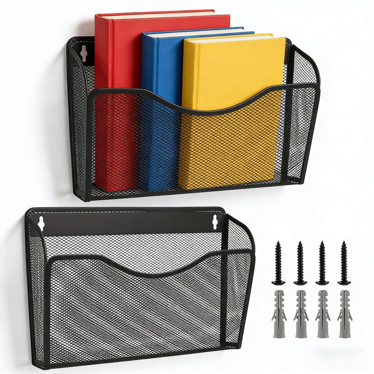 Set van 4 34,3 x 21,3 x 10,5 cm, zwart, wandgemonteerde tijdschriftenhouder, tijdschriften, wandhouder met schroef, expansiebuizen, documentenhouder voor kantoor en thuis