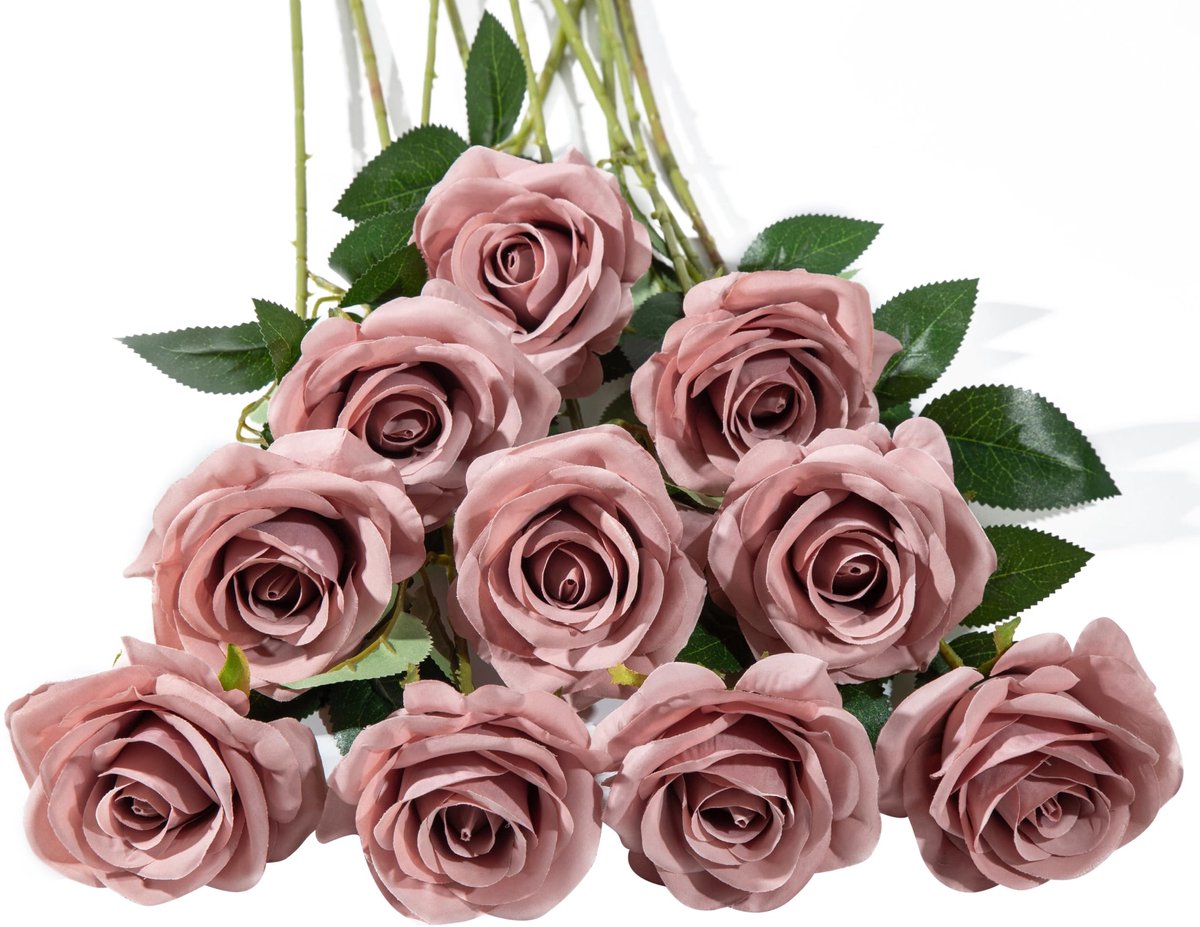 10 kunstrozen, bloemen van kunstzijde, realistische bruidsboeketten met enkele lange kunststof stelen voor arrangement op bruiloft, bloemstuk, voor feest of decoratie, roze (Dusty Rose)