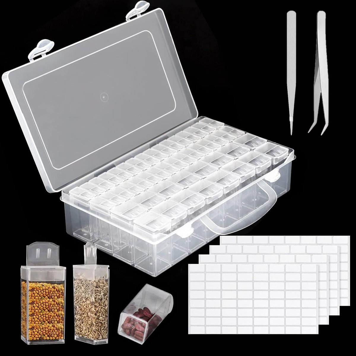 7 stuks diamantschilderaccessoires, organizer-box, knutseldoos, kunststof, organizer, schroeven, bijpassende pincetten, labelpapier, zaden, diamantschilderij