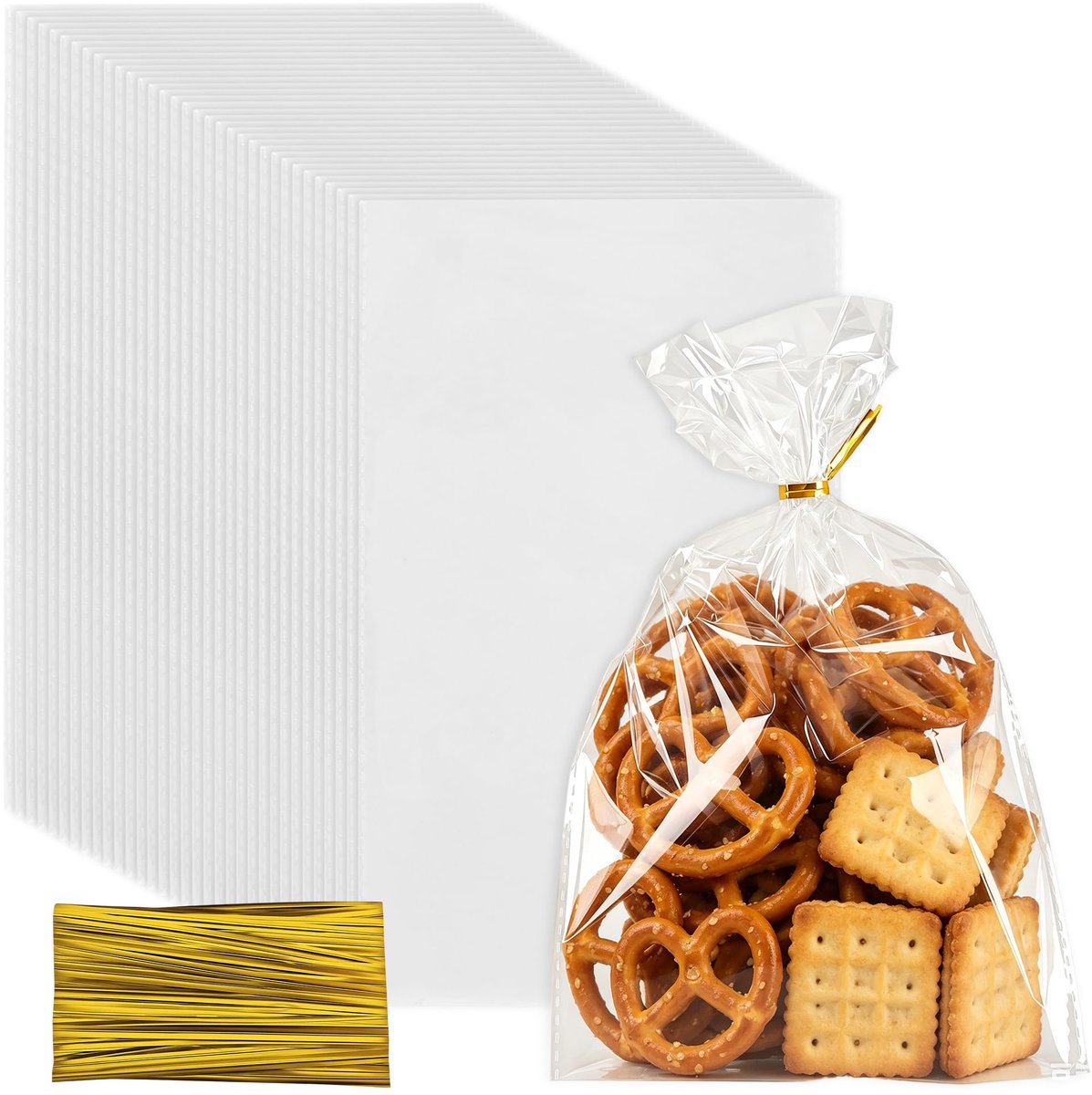 800 stuks cellofaanzakjes, transparant, 15 x 25 cm, kleine cellofaanzakjes, met gouden sluitbanden, doorzichtige zakjes, cellofaanzakjes voor snoep, doe-het-zelf, geschenken