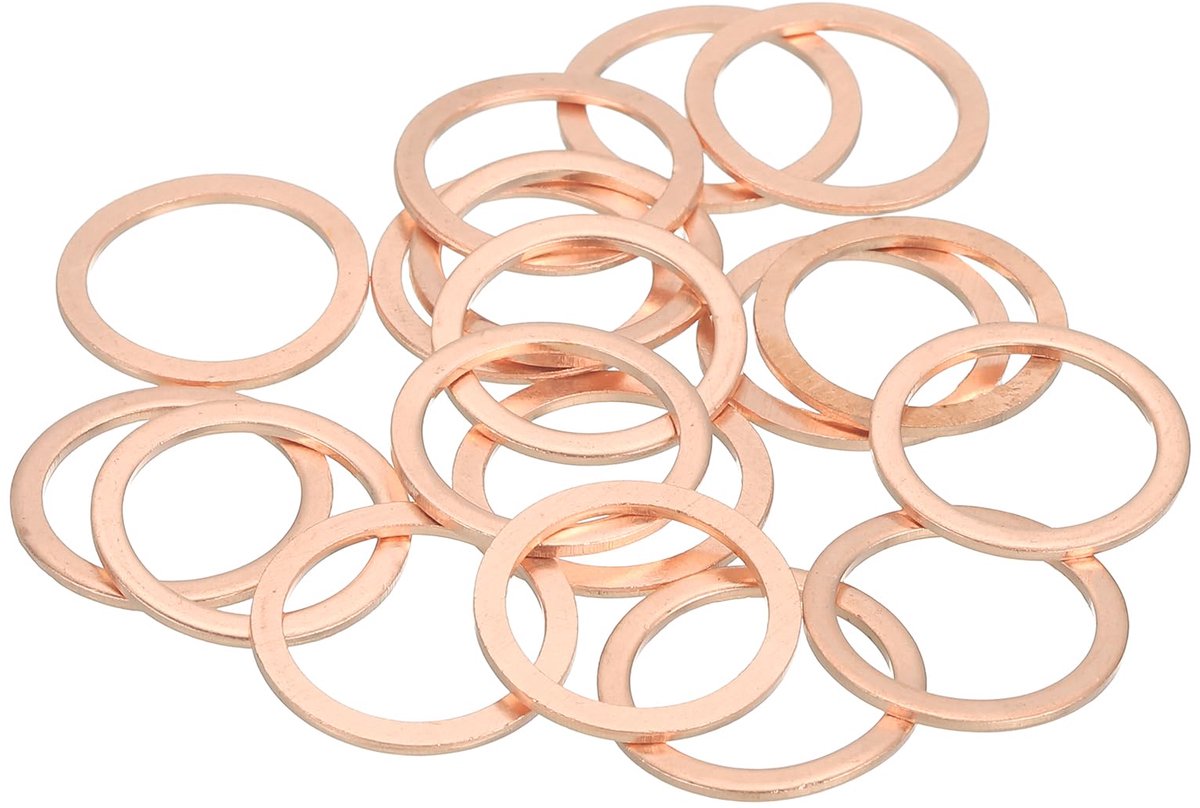 Platte sluitringen, 18-delige set, koperen ringen, afdichtringen, koperen schijf, ID 14 mm, buitendiameter 18 mm, dikte 1,5 mm, voor bouten, schroeven, reparatie van machines