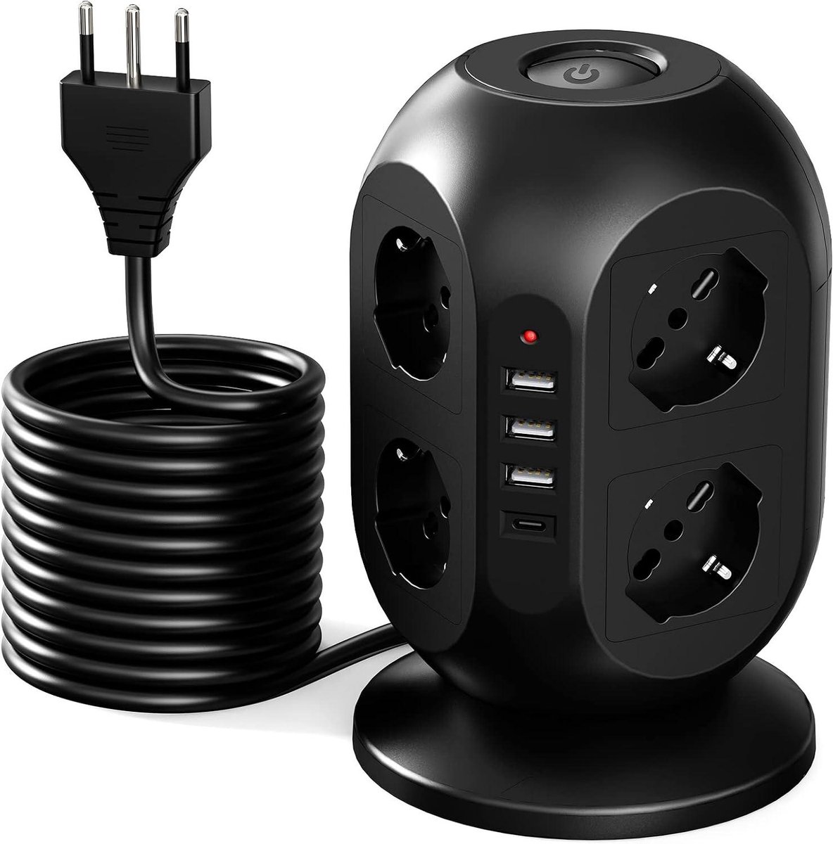 Meervoudig stopcontact - Stekkerdoos toren - Apparaten opladen - Verticaal ruimtebesparend - 8 stopcontacten 4 USB - Zwart