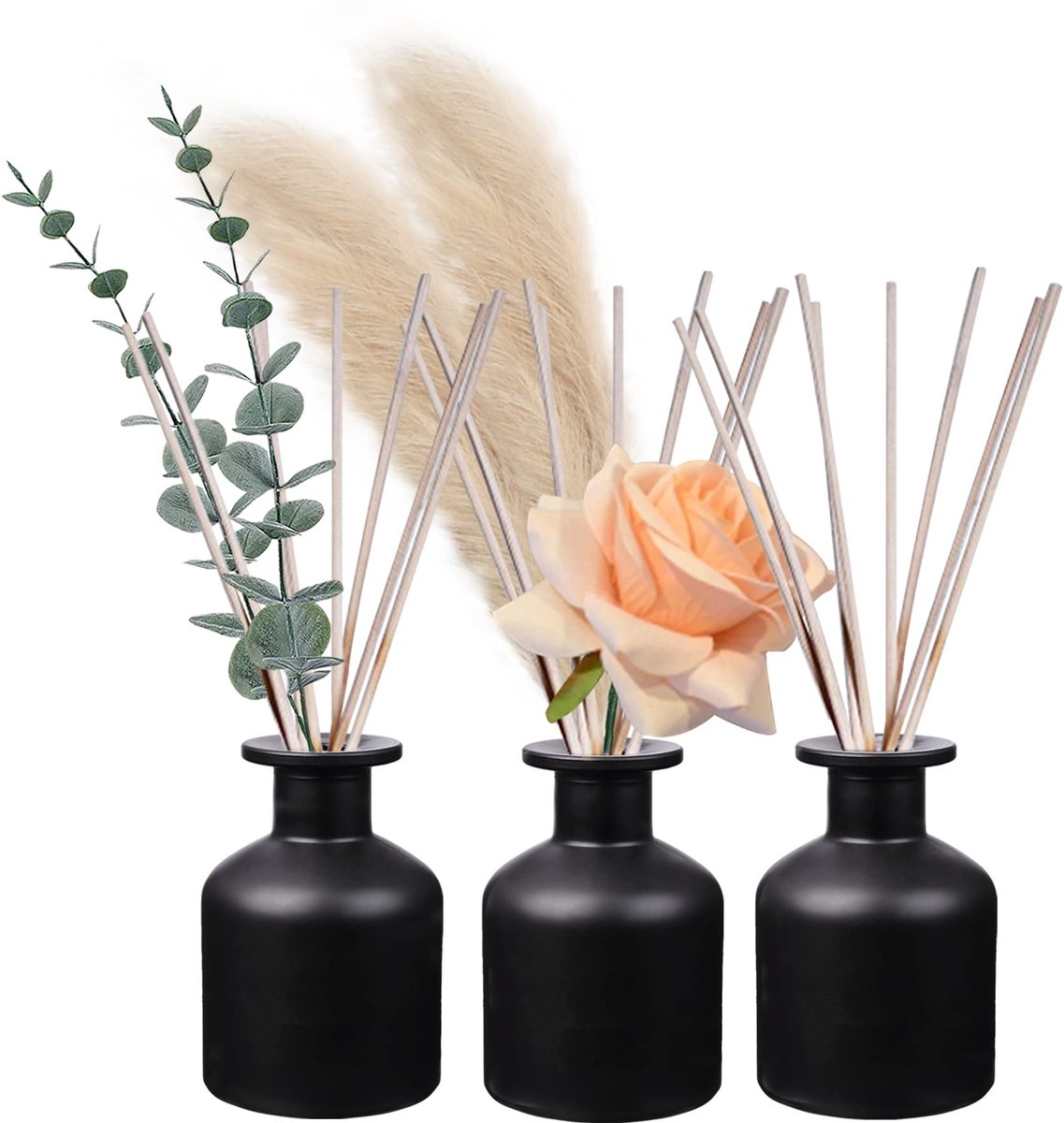 3 lege glazen diffuserflessen met 28 geurstokjes, lege geurverspreider en diffuser staafjes, etherische oliën, inhoud 150 ml (zwart)