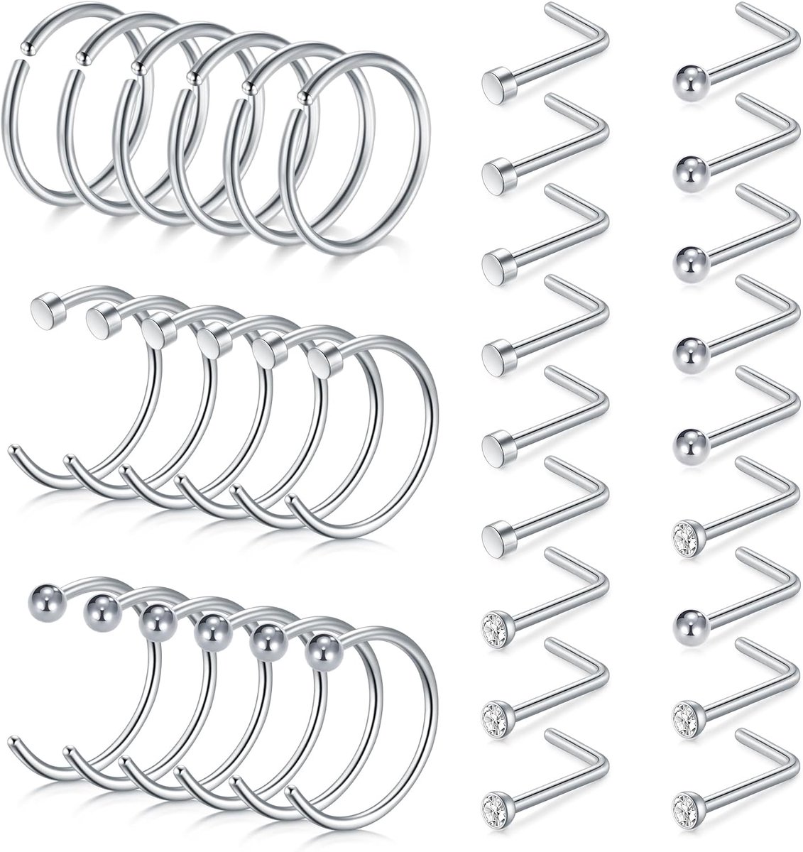 Neuspiercing ring dun, chirurgisch staal spiraal neuspiercing steker heldere neuspiercing ring neus retainers, 20G neuspiercing zilveren set voor vrouwen mannen