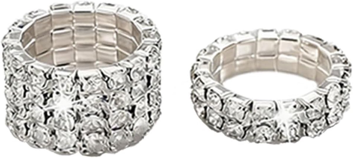 Ringen Dames Kristal, Glanzend Goud Zilver Elastisch Verstelbaar, Bling Strass Stapelbaar Lichtgewicht, Hypoallergeen Vingersieraad Geschenkset Feest Dagelijks (2 Stuks)