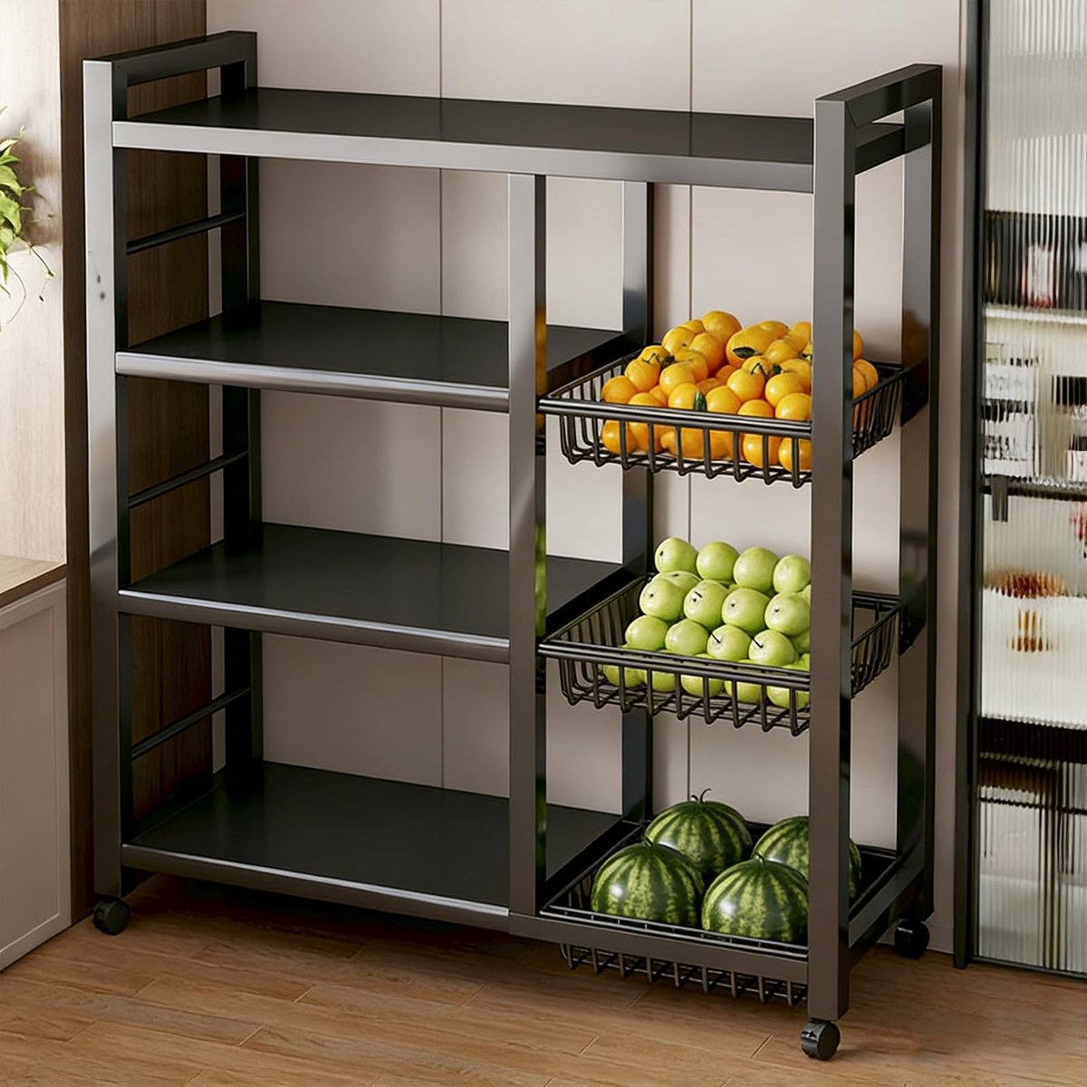 Rollende opbergkar met gaasmanden, multi-tier utility organizer voor voorraadkast, keuken, producten, snacks, kruideniersopslag, verwijderbare planken, 90 x 32 x 108 cm