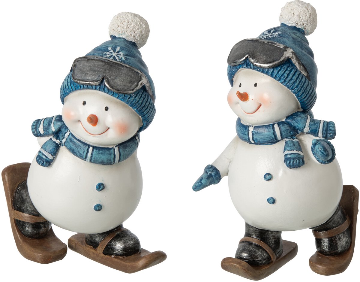J-Line figuur Sneeuwman Wandelend - polyresin - blauw/wit - 2 stuks
