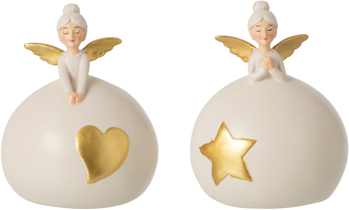 J-Line Engel met hart en ster - polyresin - goud/lichtbeige - small - assortiment van 2