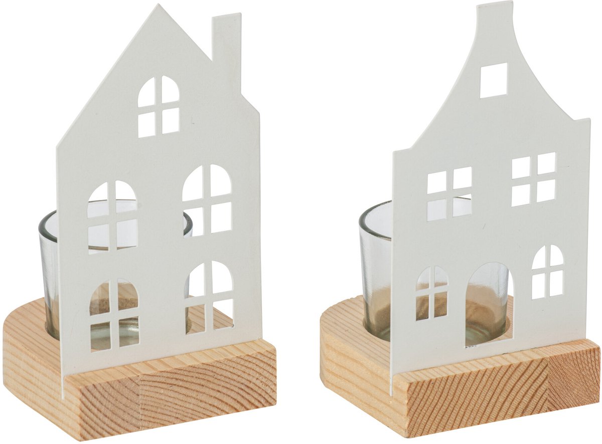 J-Line Windlicht huis - ijzer - wit - small - assortiment van 2
