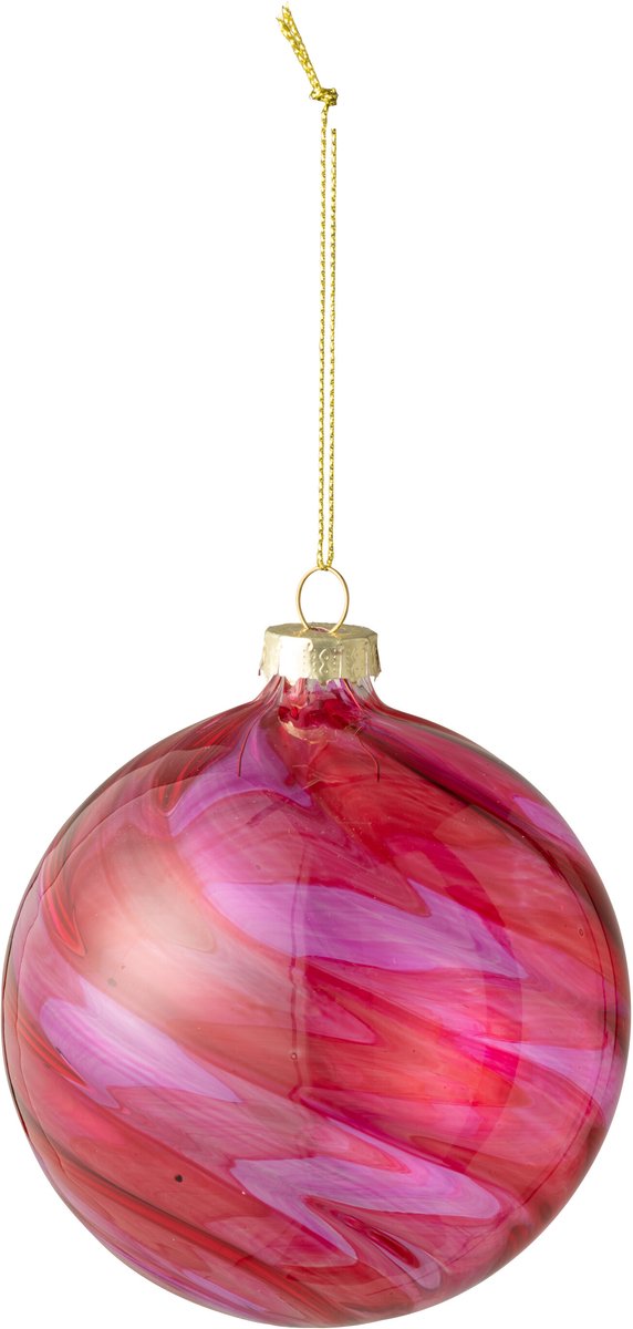 J-Line kerstbal Gestreept - glas - rood/roze - 12 stuks
