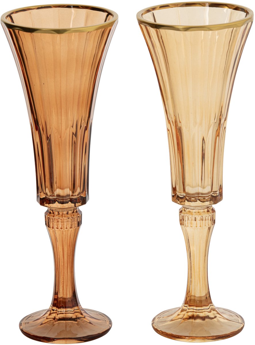 J-Line champagneglas gouden rand reliëf - glas - okergeel/brons - small - assortiment van 2