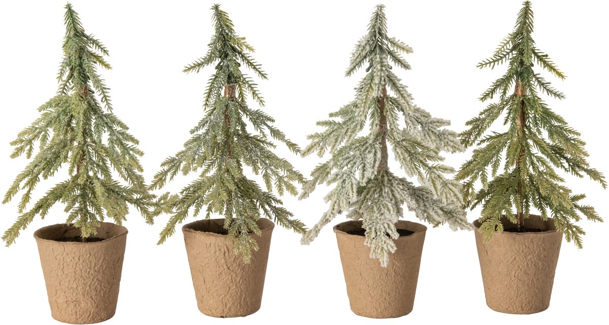 J-Line decoratie kerstboom in pot - kunststof - donkergroen/naturel - 4 stuks