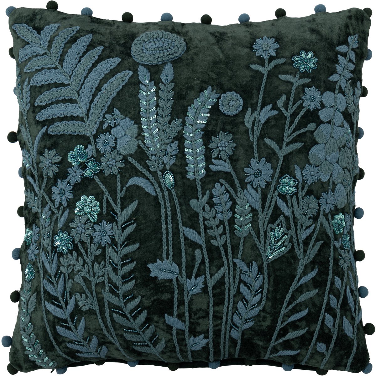 J-Line kussen Bladeren + Bloemen Vierkant - viscose - donkergroen/turquoise