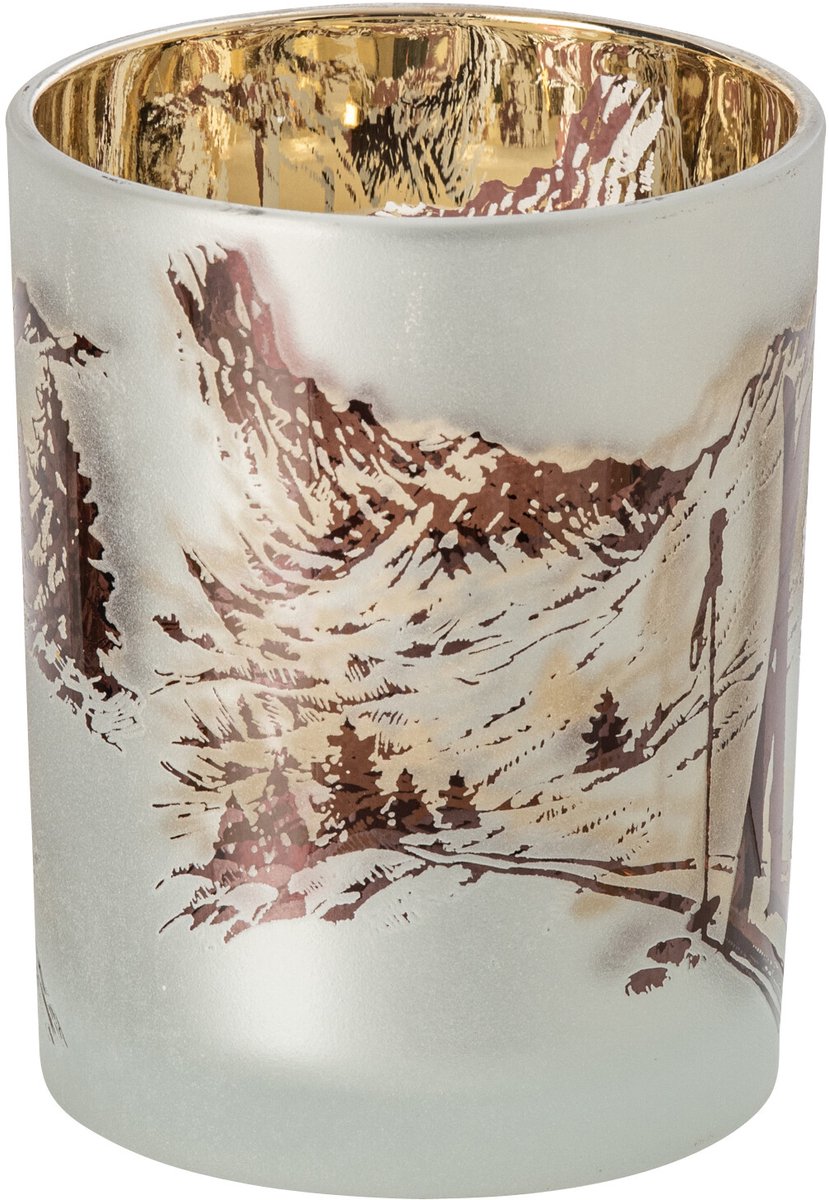 J-Line Windlicht met skiscène - glas - wit/bruin - medium - set van 2