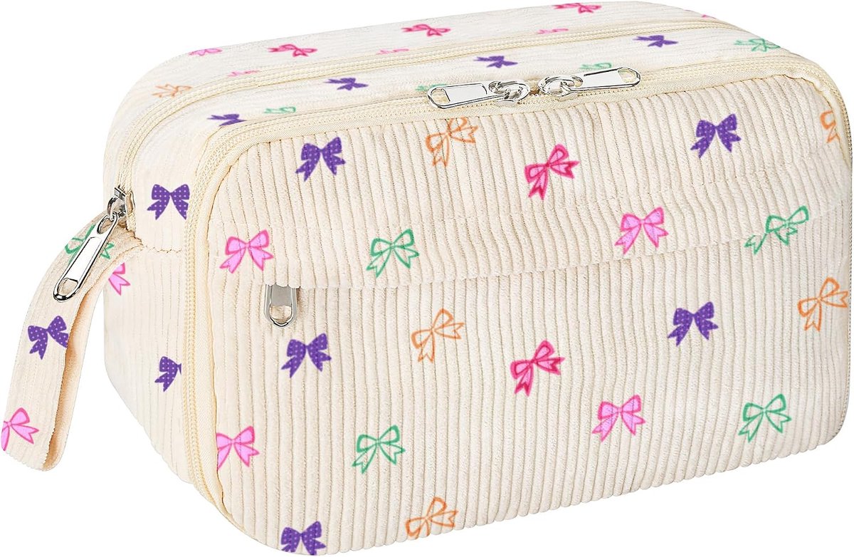 Etui van Zacht Corduroy - Groot Etui met Ritssluiting en Meerdere Vakken - Praktische Schooltas Organizer voor Pennen, Stiften en Accessoires - Kleurrijke Strik