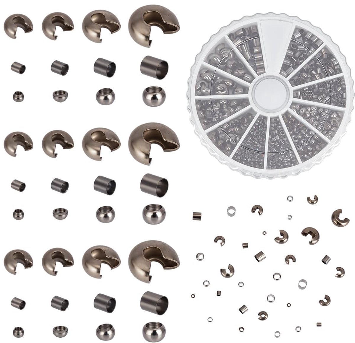 PandaHall 1370 stuks sieraden maken bevindingen, 1,5 ~ 3 mm messing buis krimpkralen 3 ~ 5 mm krimpkraal knoop cover 1,5 ~ 3 mm krimpkous deksel doppen krimpkralen voor sieraden doe-het-zelf