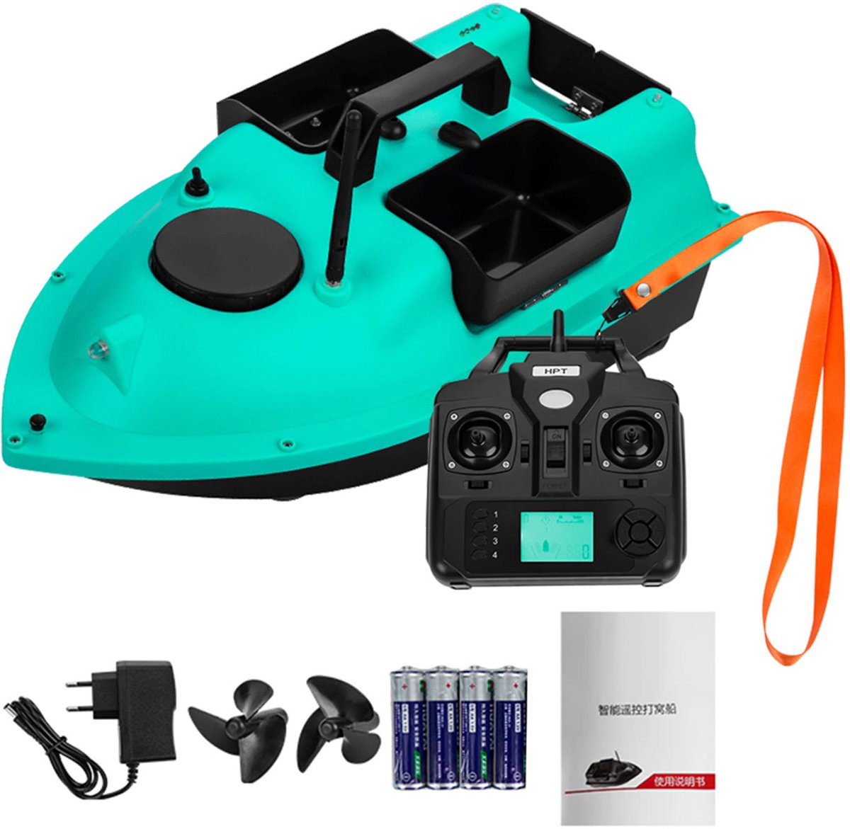 Voerboot – Aas- / visboot - Afstand bestuurbare boot - Karper voerboot - Verlichting – 500 meter bereik – Opbergtas – Karpervissen - Aasboot - Bestuurbare aasboot - 3 voerbakken - Cygroen (blauwgroen)