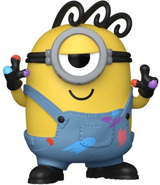 Minion jaune à un œil, salopette bleue éclaboussée de peinture, avec des taches de peinture sur les doigts.