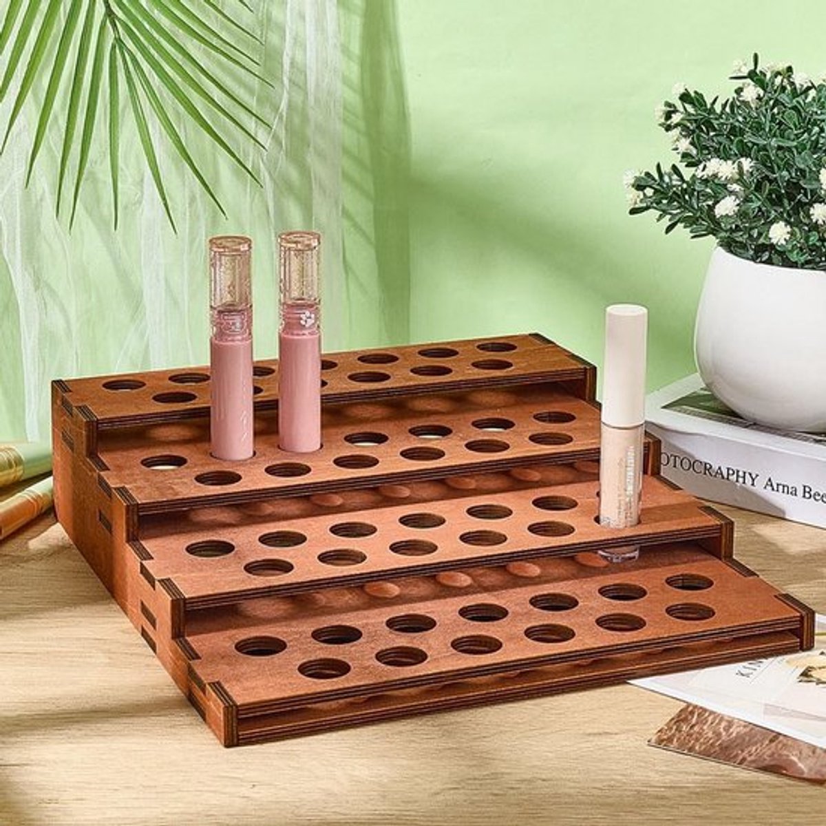 Lippenstifthouder 4-laags - Houten Cosmetica Koffer - Organizer voor Lipgloss - 52 Sleuven - 22,5 x 24 cm - Lichtgewicht en Duurzaam