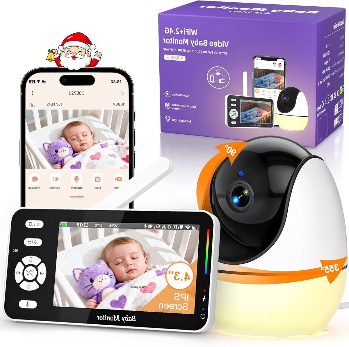 Slimme Babyfoon - Videomonitor Camera - Baby Bewaken - 360 Panoramische Tracking - 43 inch Scherm - Wit