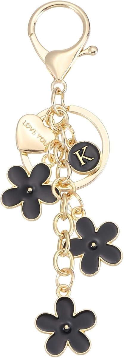 Initial Letter Sleutelhanger met liefdeshart bedel schattige bloemen sleutelhanger voor vrouwen letters sleutelhanger voor rugzak handtas autosleutel alfabet K (zwart)