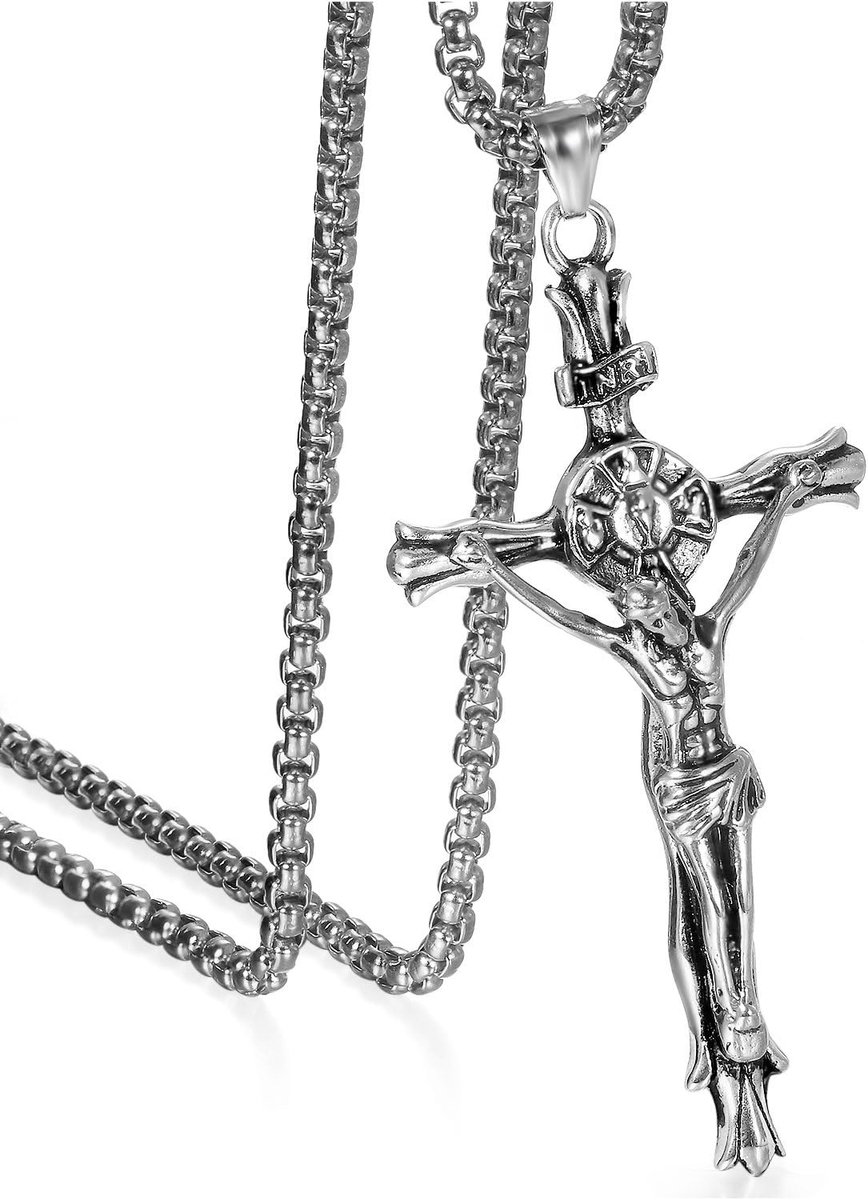 Bedels, sieraden voor heren, ketting van roestvrij staal, grote katholieke Jezus Christus kruishanger met 55 cm Venetiaanse ketting, zilver/goudkleur, aanpasbaar, 56 cm, Roestvrij staal