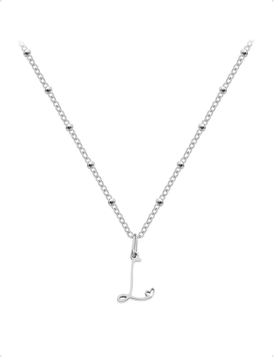 Halsketting met Initiaal Letter Roestvrij Staal voor Dames, 14 Karaats Vergulde Verstelbare Ketting, met een Hanger met de Letter L en een Delicaat Hartje aan het Uiteinde, Zilver