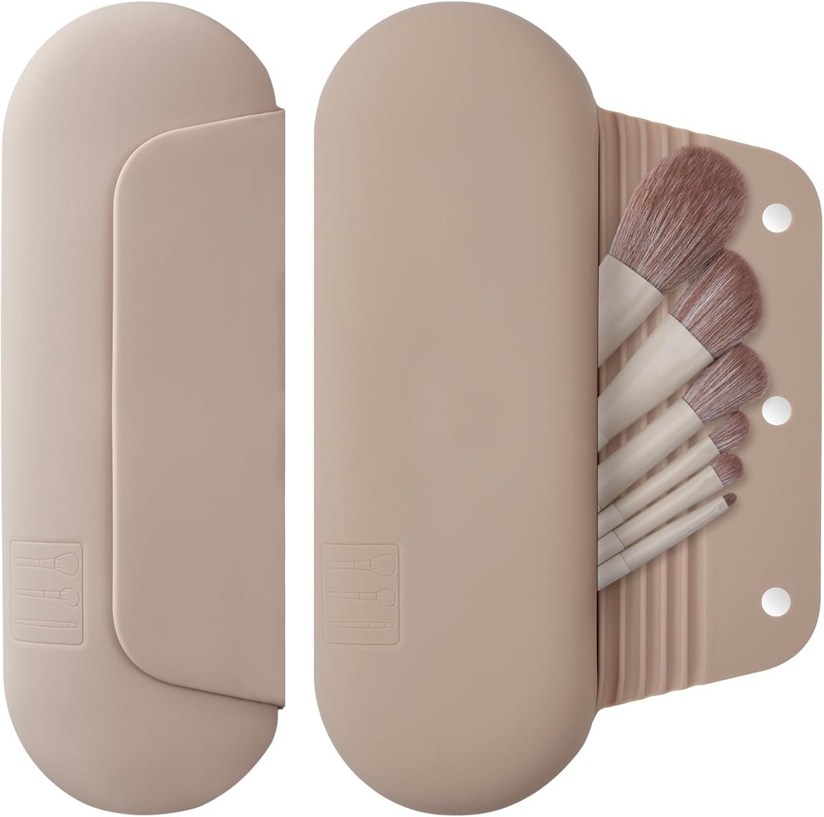 Siliconen make-upborstelhouder voor op reis: zachte draagbare cosmetische gezichtsborstelhouder met upgrade anti-val uit magnetische sluiting, grote reismake-upborstelhoes - walnoot