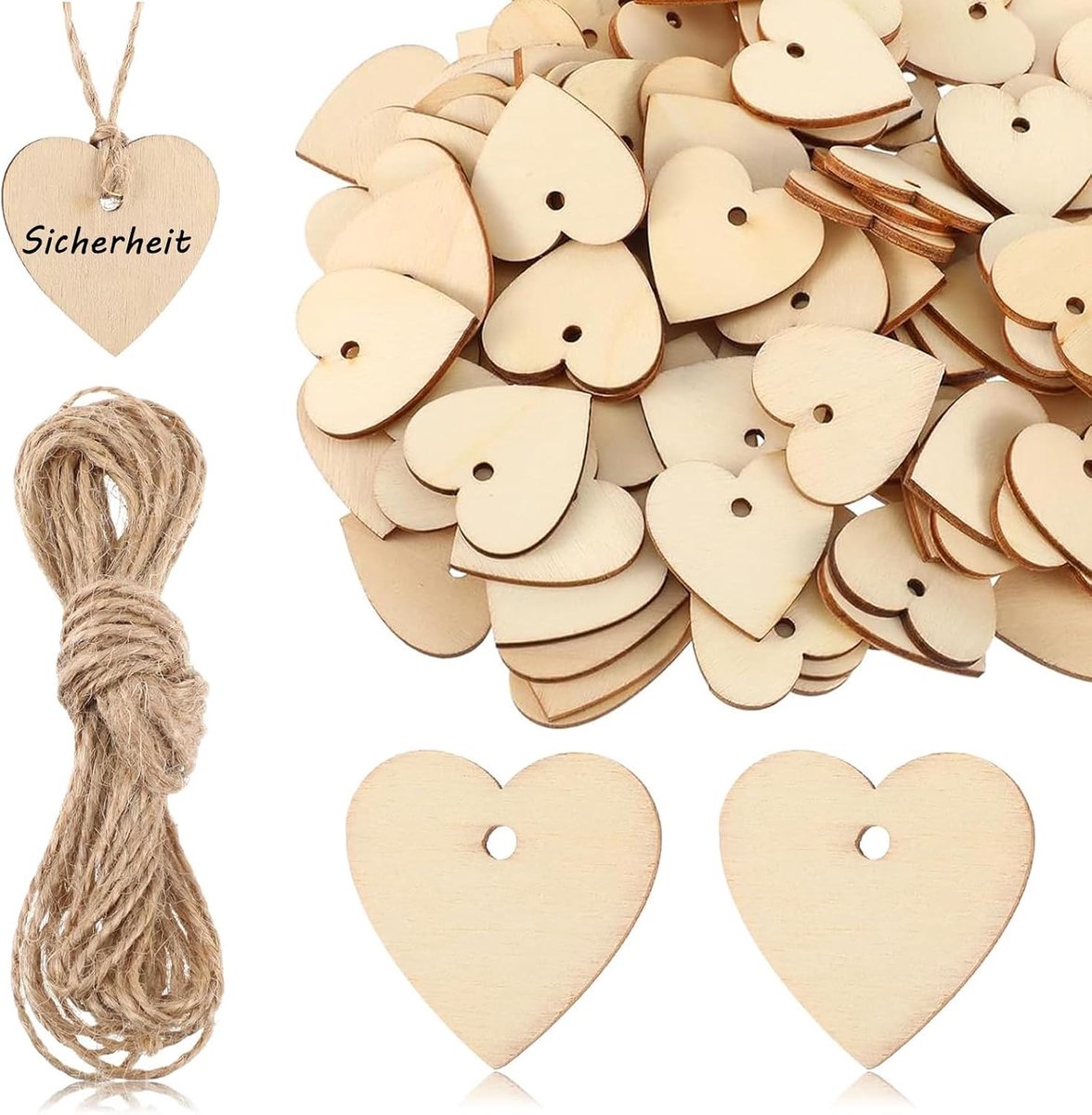 100 stuks houten harten om te beschrijven, 4 cm houten harten met 10 m jute koord, houten hangers, houten hartjes, decoratie met gat voor bruiloft, feest, jubileum, cadeauhangers, knutselen