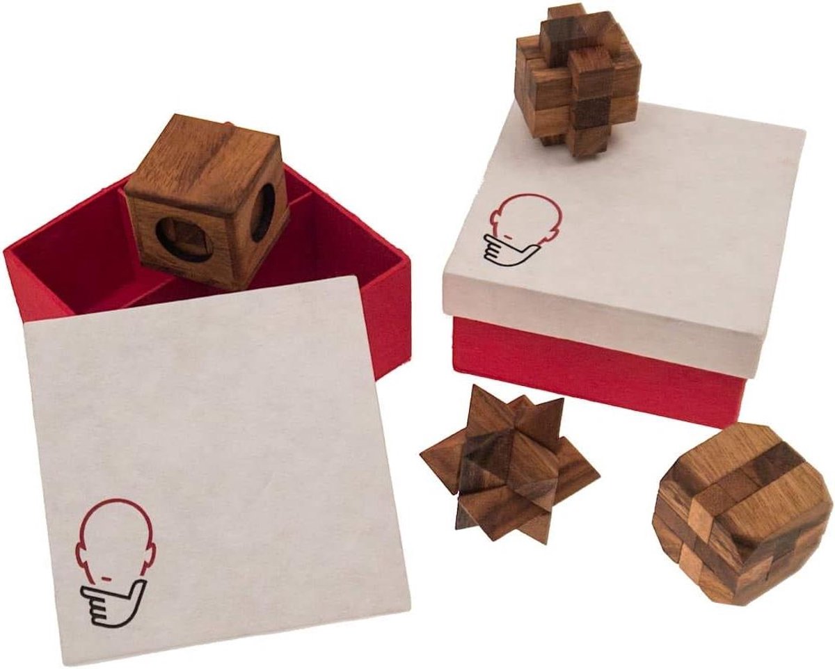 Houten Puzzel Geschenkdoos - Denkspel Geduldspel - Mentale Uitdaging - 15 Unieke Spellen - 5x5x5 cm - Natuurlijk Hout
