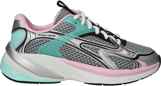 Grijze Skechers sneaker met roze en mintgroene details, witte veters en een witte zool.
