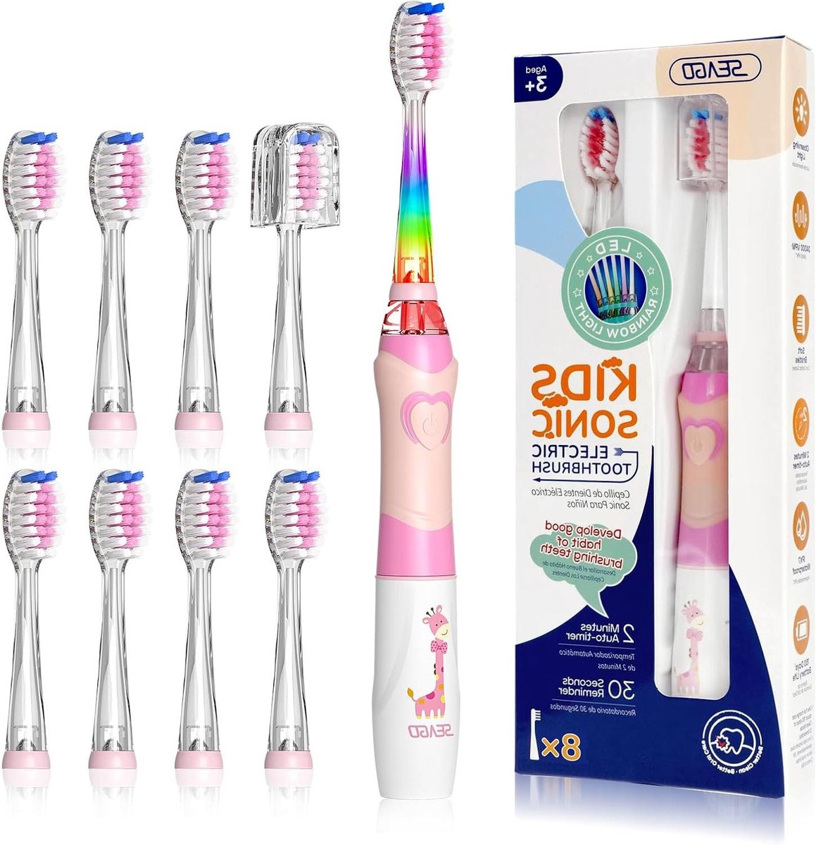 Elektrische Tandenborstel - Kindertandenborstel - Goede Mondhygiëne - LED Kleurverlichting - 8 Borstelkoppen - Roze