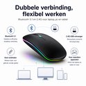 Zwarte muis met RGB-verlichting, compatibel met Bluetooth 5.1 en 2.4G USB-ontvanger.