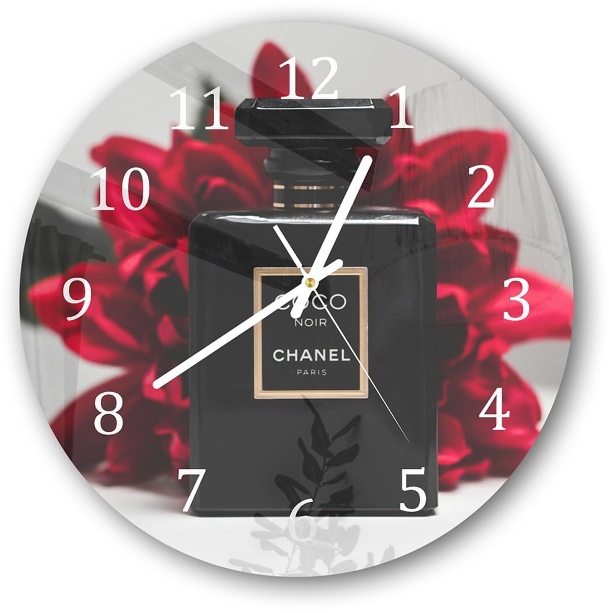 Mydesignglas Grote Glazen Wandklok XXL - Wandklok Rond 30cm - Gehard Glas - Chanel Parfum Wit- Stille Klok voor Woonkamer & Keuken - Modern Design