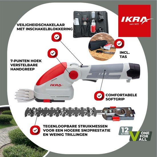 IKRA 2-in-1 accu-gras- en struikschaar IGBS 1210, inclusief tas, accu en oplader - messen geproduceerd in Duitsland van IKRA — afbeelding 3