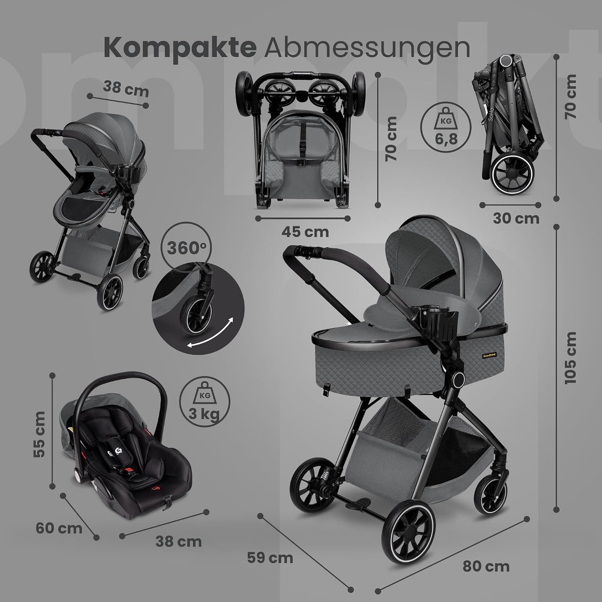 Kinderwagen 3-in-1 - Lichtgewicht, TÜV-gecertificeerd - Inclusief i-Size autostoeltje - Ideaal voor onderweg - SnelShoppen